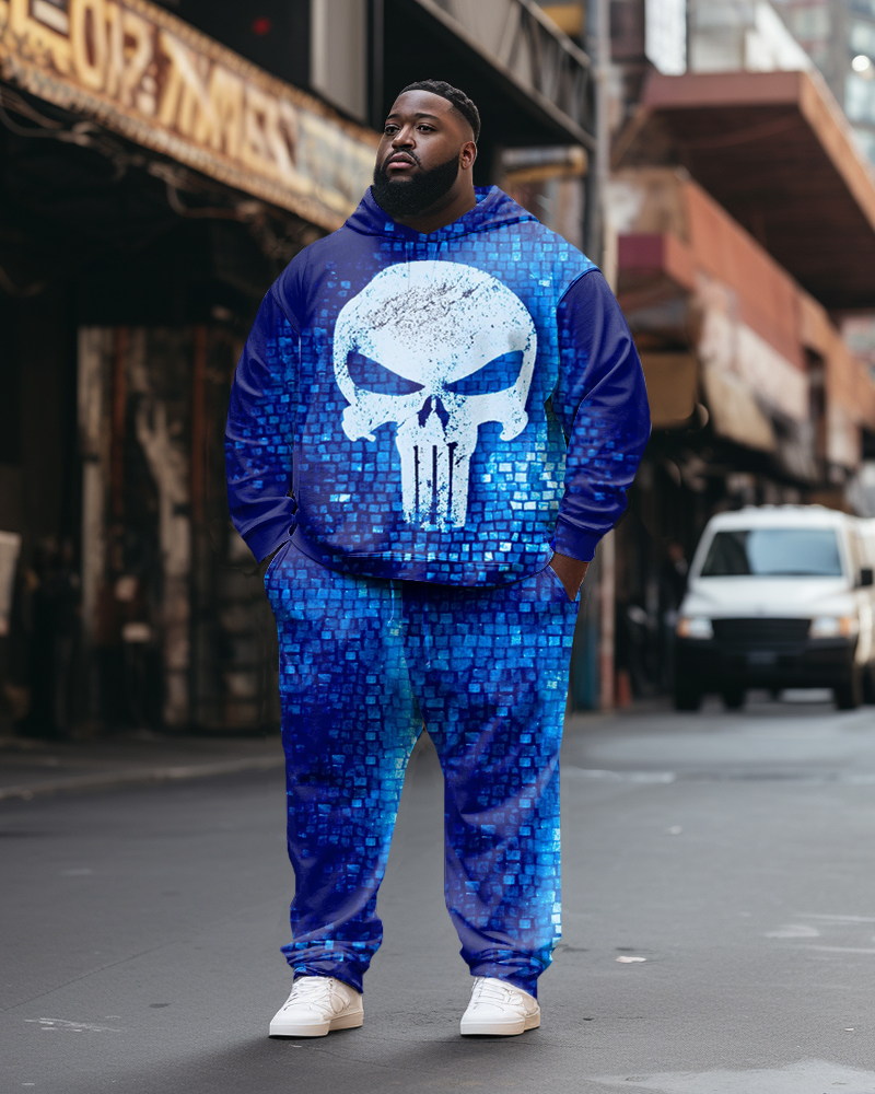 Men's Large Size Blue Checkered Skull Hoodie Two Piece Set