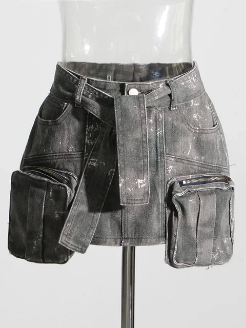 Wongn Women Denim Skirt Camouflage Slim Spliced Multiple Pockets Zippers Lace Up Belt Mini Skirts 2024 Summer New Fashion 29L244