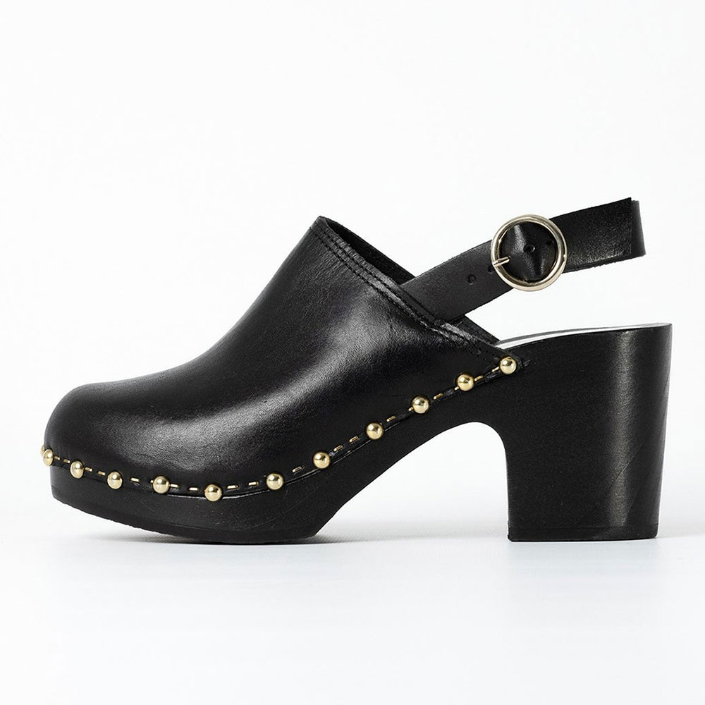 Black Studded Round Toe Chunky Heel Slingback Shoes with Buckle Nicepairs
