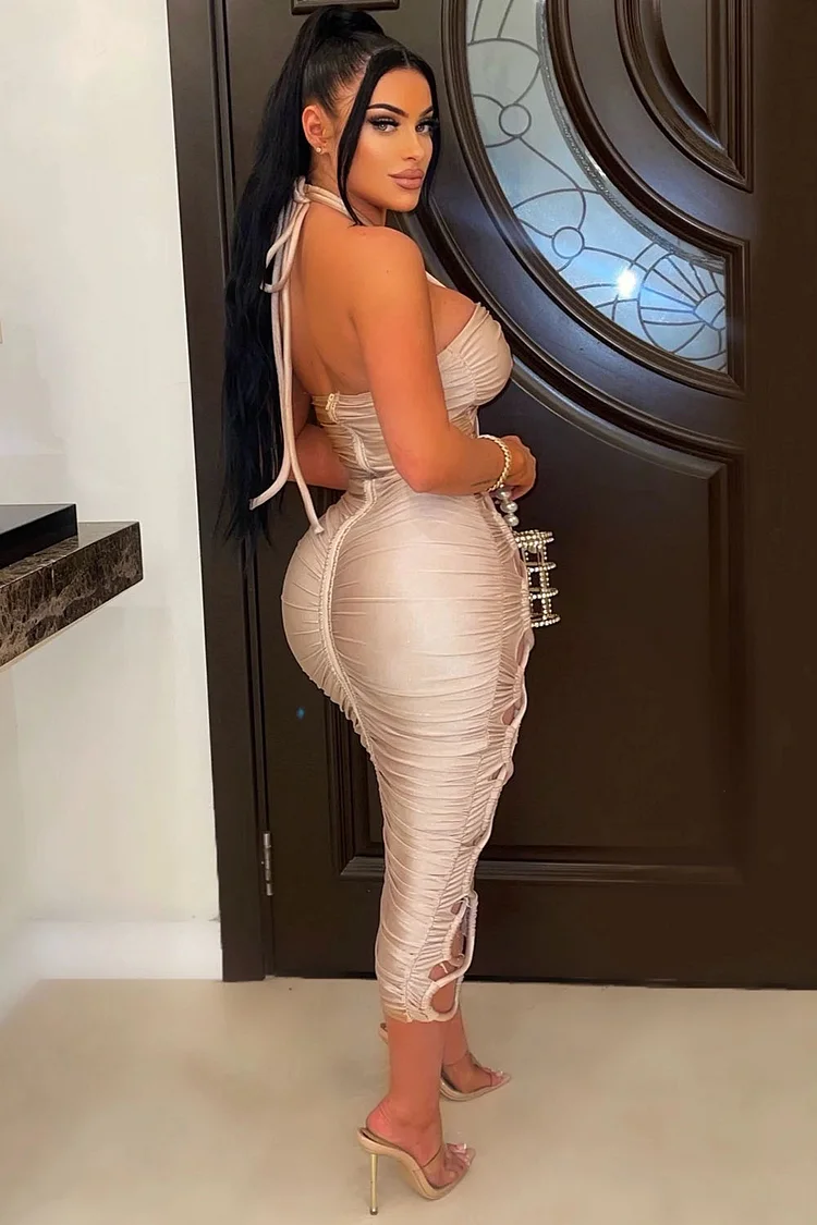 Cross Halter Cutout Lace-Up Bodycon Party Maxi Dresses-Khaki