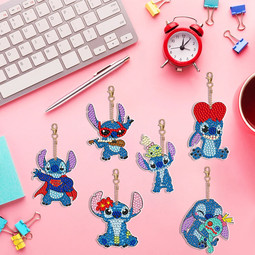 6pcs DIY Stitch Diamond Keychains Pendant Double Sided Diamond Art Keychains