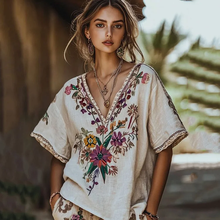 Women's Floral Embroidery Short Sleeve V Neck Casual Linen Top