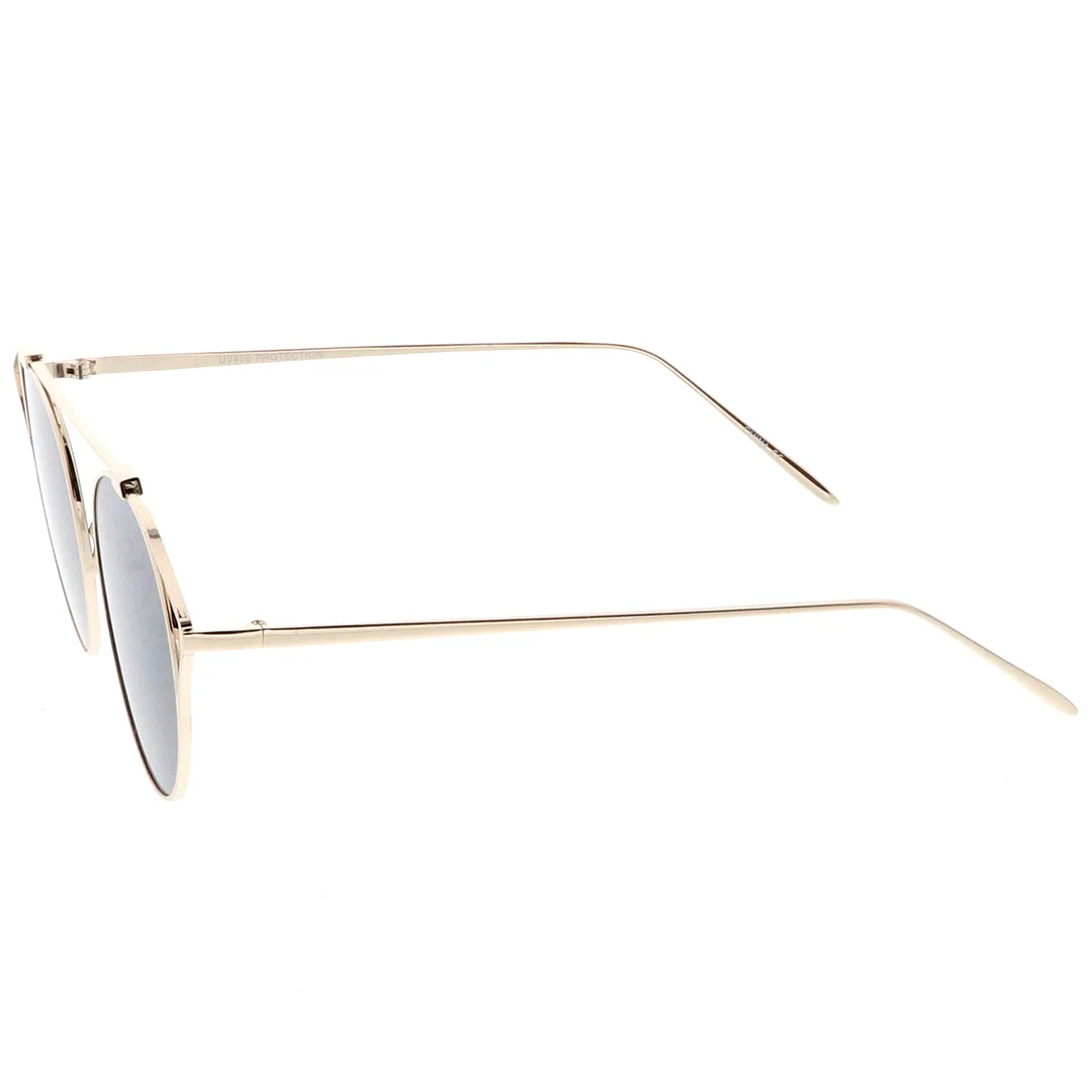 Oversize Open Metal Cat Eye Glasses With Crossbar Round Tinted Flat Lens 55mm