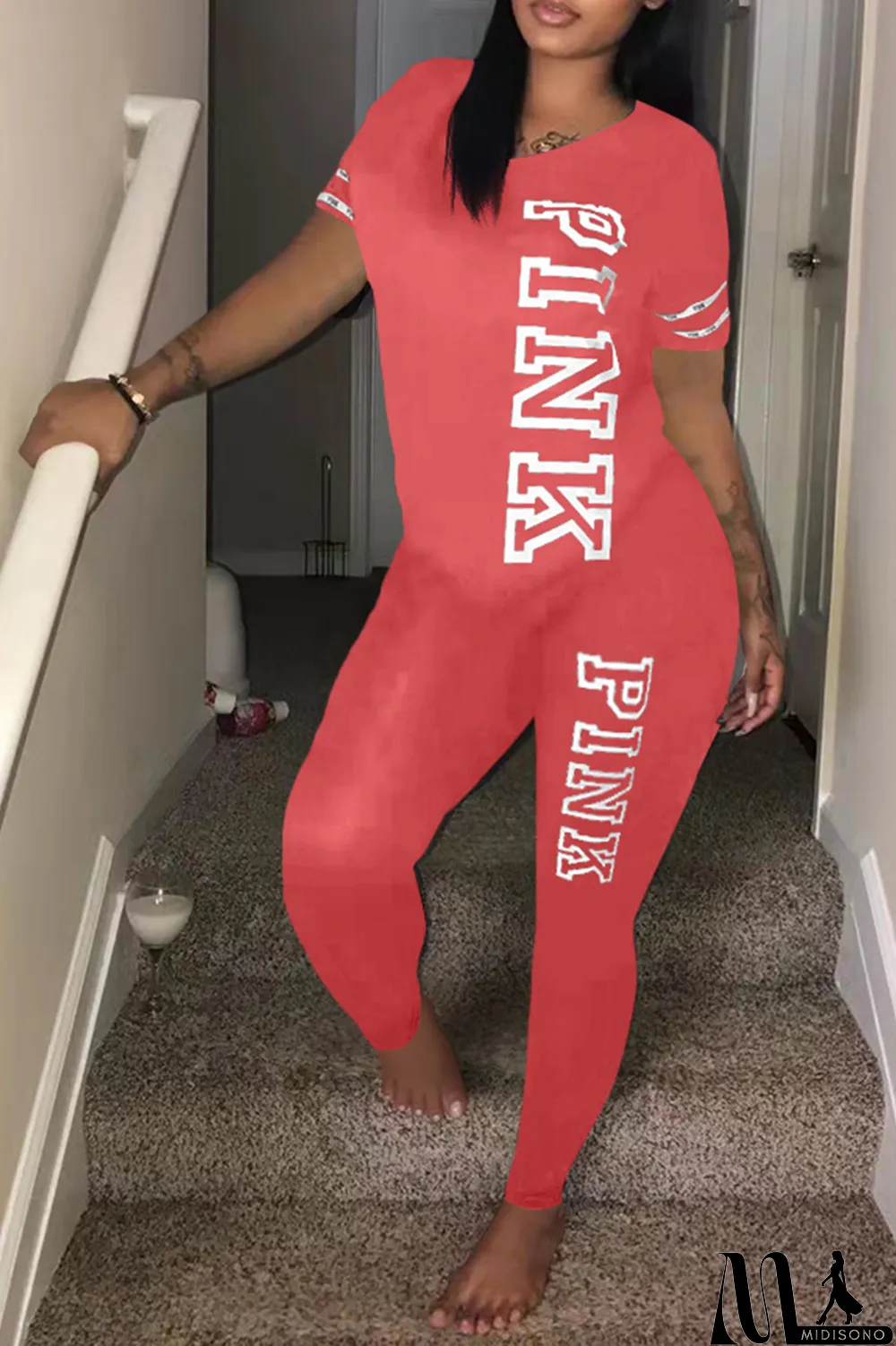 MidiSono - Green Casual Patchwork Letter O Neck Short Sleeve Two Pieces