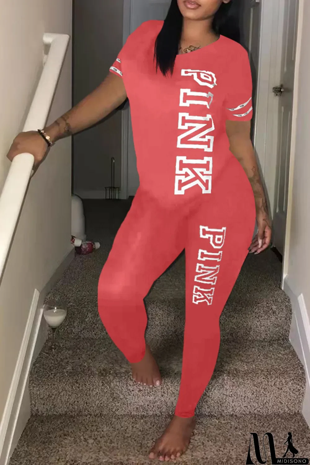 MidiSono - Green Casual Patchwork Letter O Neck Short Sleeve Two Pieces