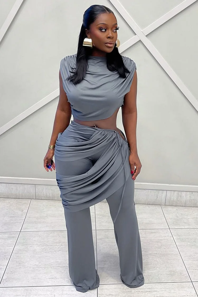 Ruched Sleeveless Top Layered Wide Leg Pants Party 2pcs Set-Gray [Pre Order]