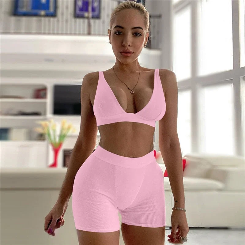 Dulzura Ribbed Patchwork Women Two Piece Set Bra Crop Top Biker Shorts Suits Bodycon Sexy Streetwear Matching Sporty Tracksuit