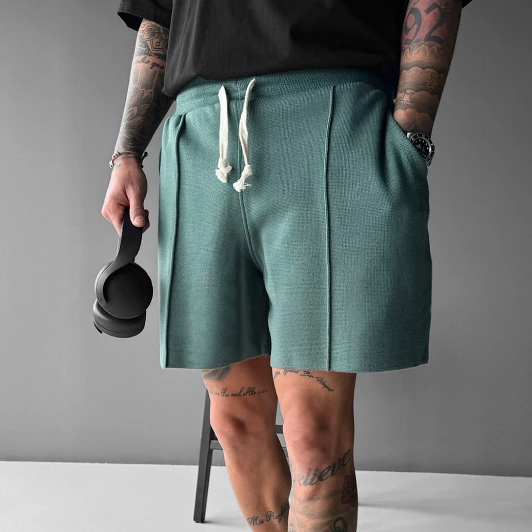 Solid Color Elastic Waist Strap Shorts、、URBENIE