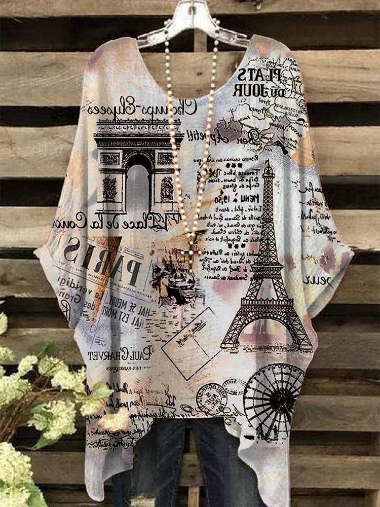 Women's Paris Arc De Triomphe Eiffel Tower Printed Crewneck Half Sleeve T-Shirt