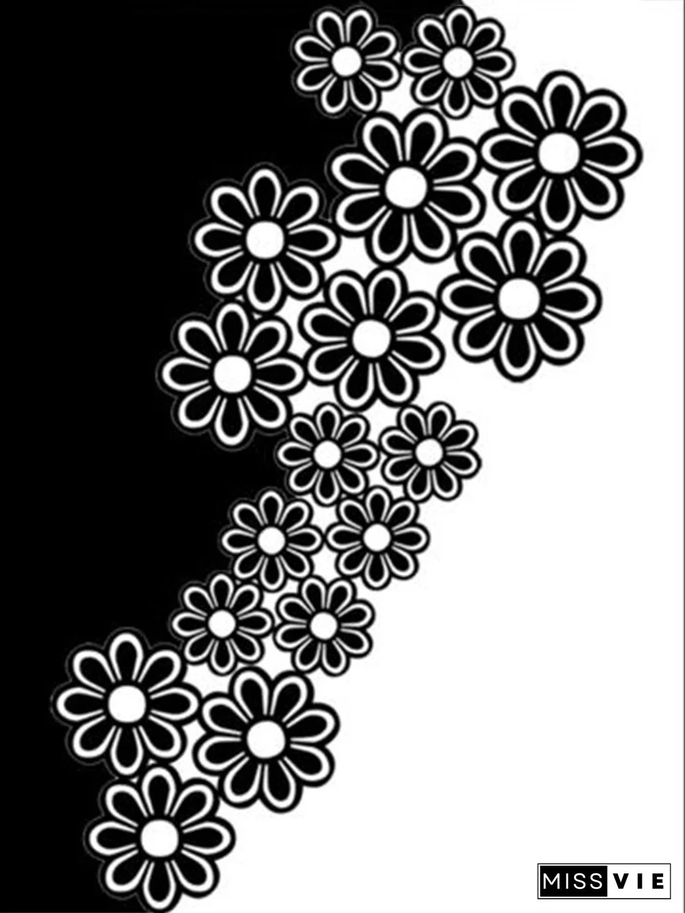 Black-white Floral Printed Long Sleeve V Neck Casual Shift Tops