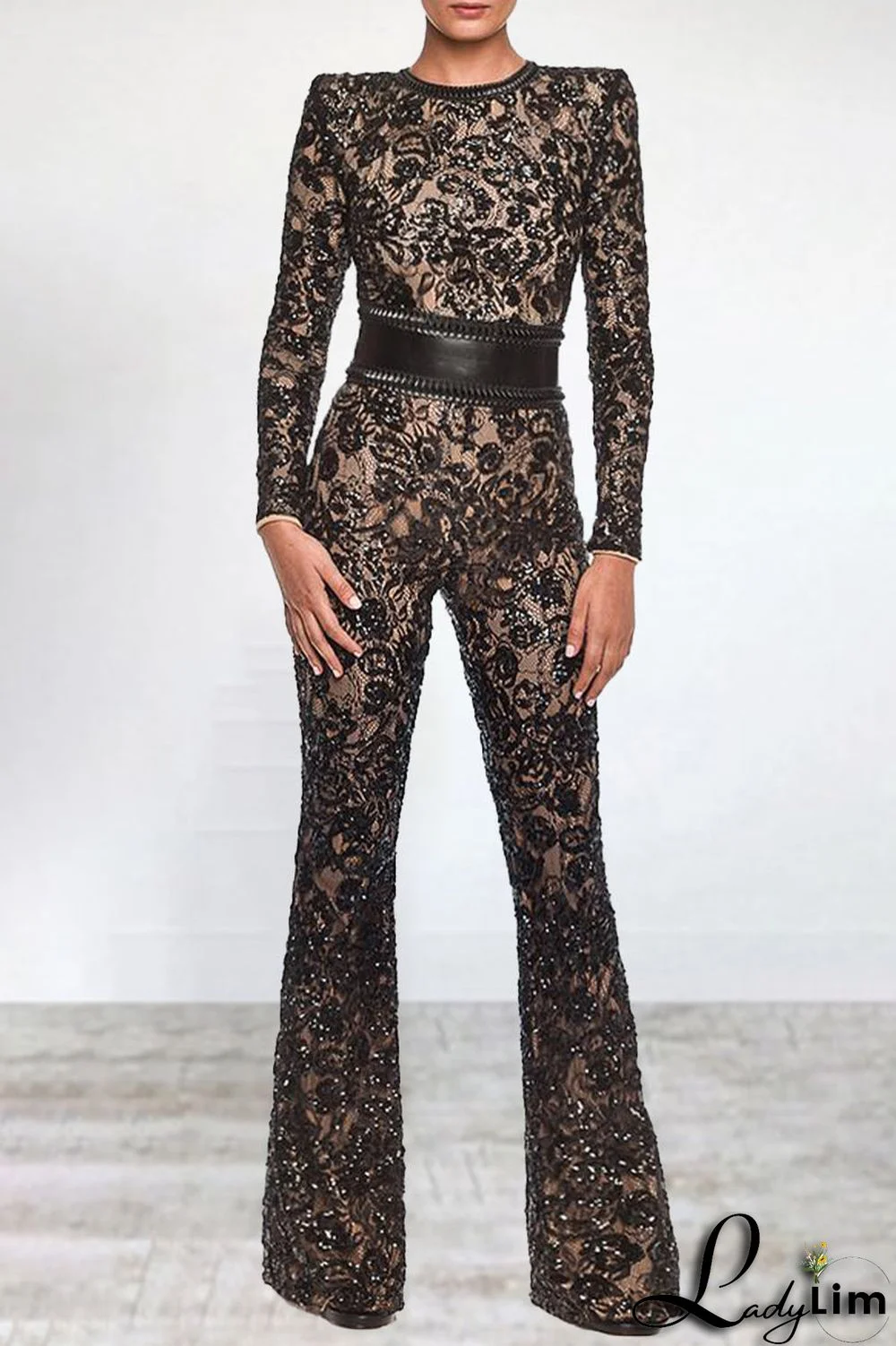 Celebrities Elegant Solid Lace Patchwork With Belt O Neck Regular Jumpsuits