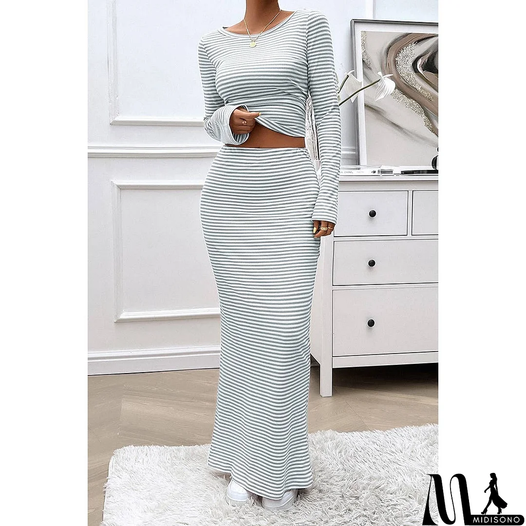 MidiSono - Striped Knitted Crop Top Wrap Hip Long Skirt Set