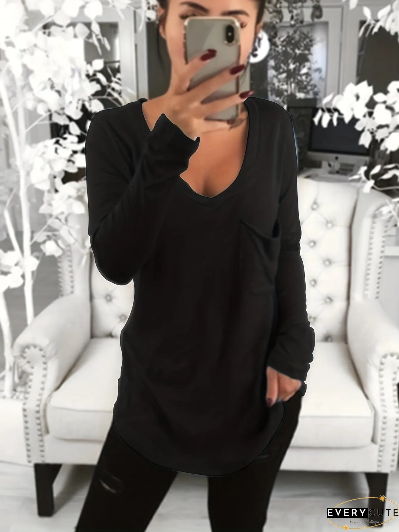 Solid Color V-Neck Pocket Tunic Top