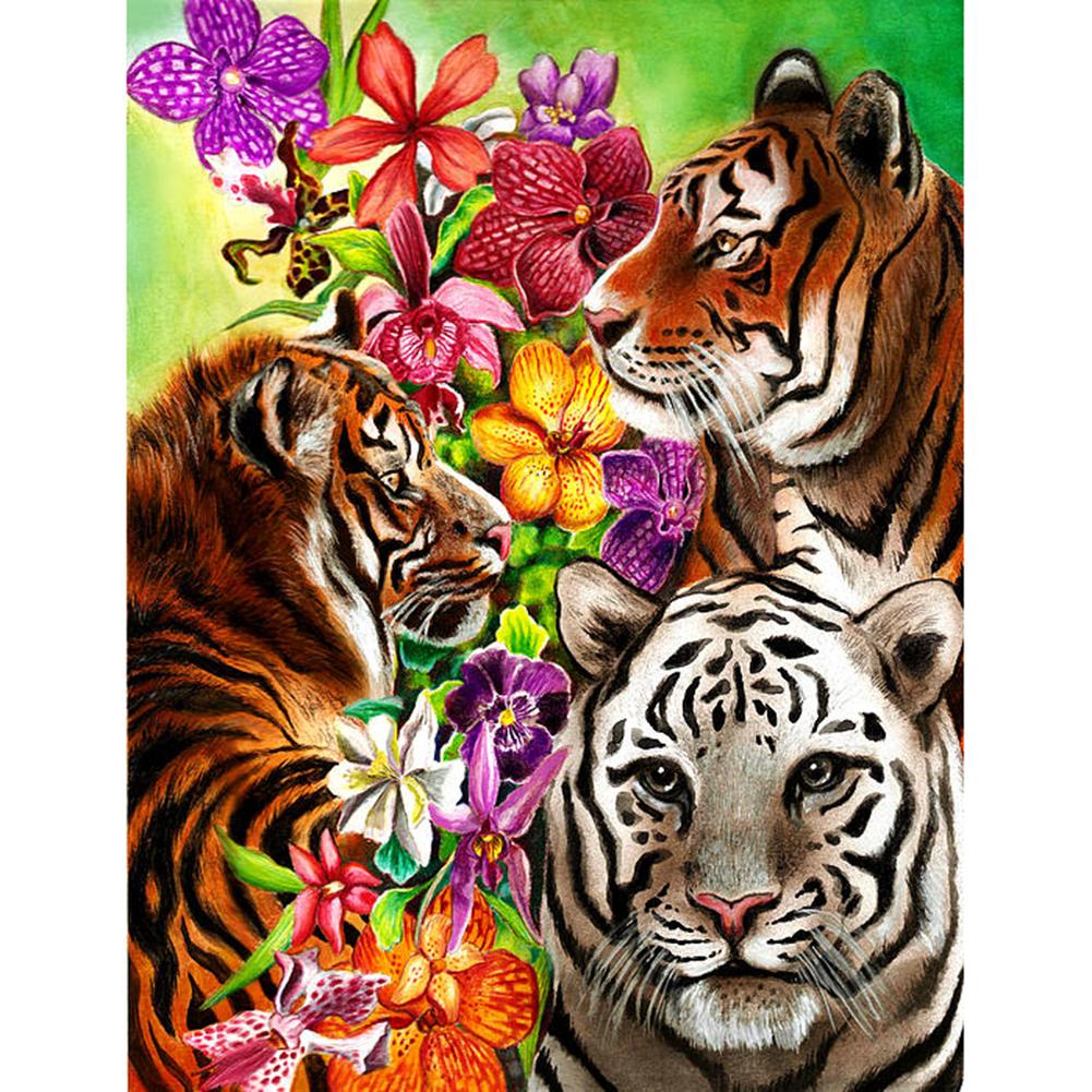 

30x40cm Round Drill Diamond Painting-Tigers and Flowers, 501 Original