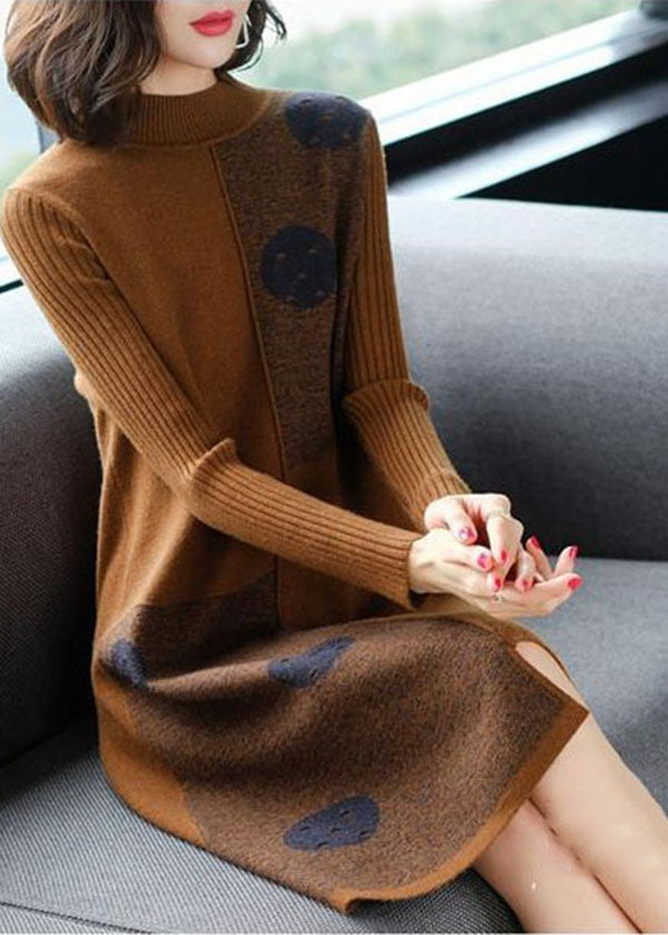 VCSHOES Chocolate High Neck Asymmetrical Design Knit Sweater Dress Long Sleeve