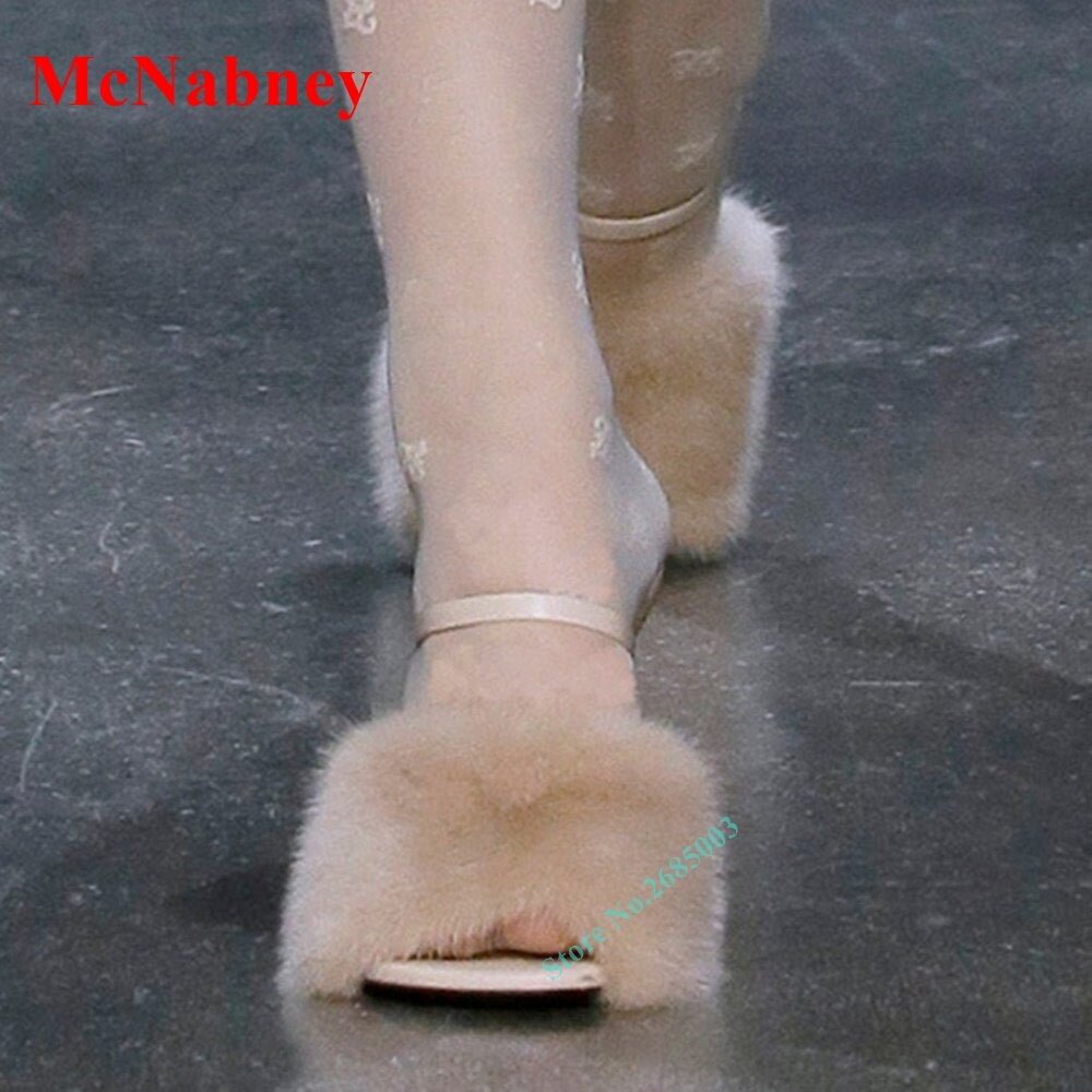 Fur Strange Style Heel Sandals Slipper Solid Ankel Straps Slip On Sexy Fashion Women Sandals Slipper Open Toe Shallow Summer New