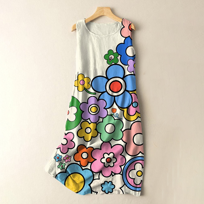 Comstylish Vintage Retro Boho Cartoon Flower Art Print Sleeveless Cotton And Linen Midi Dress