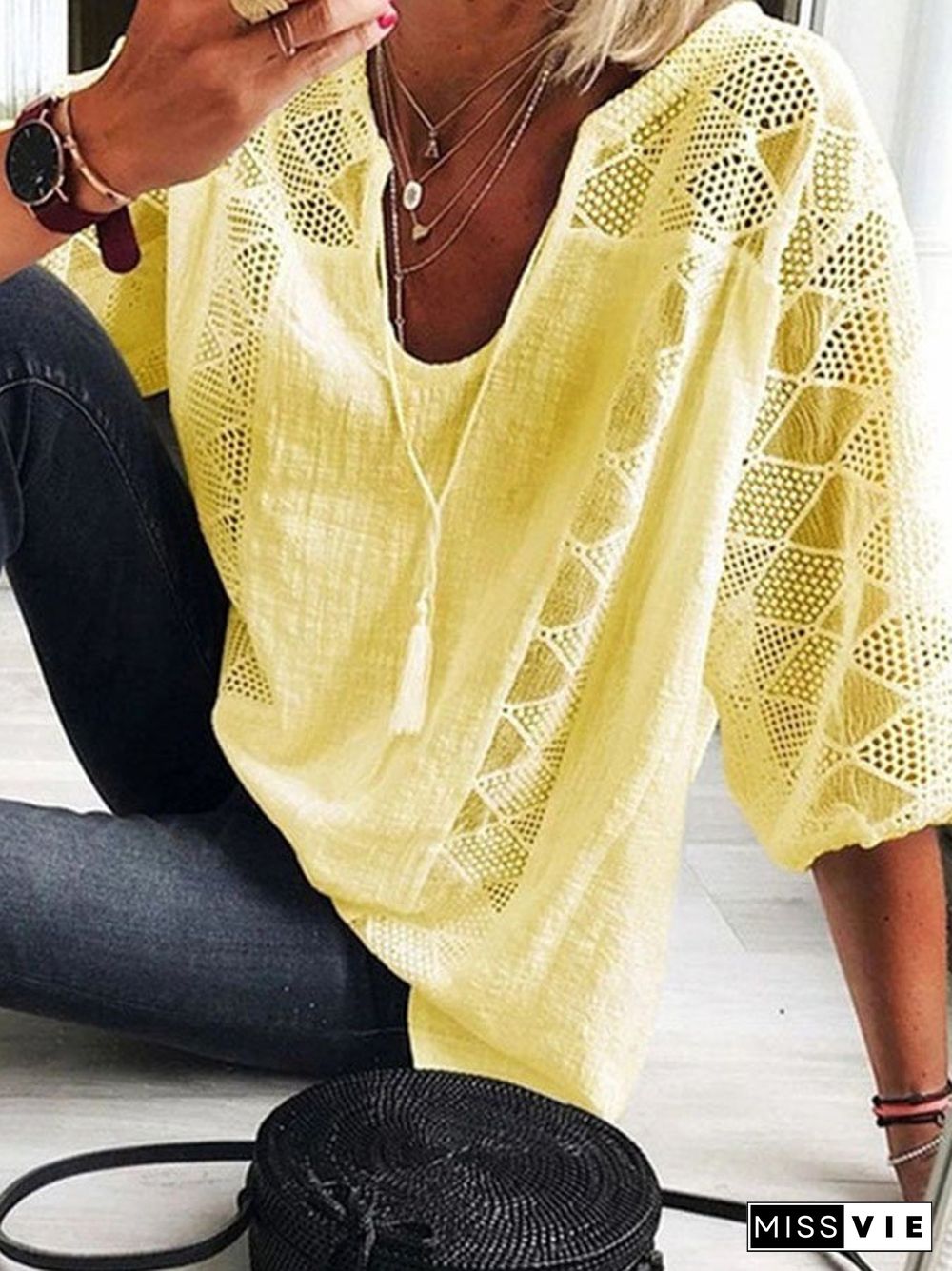 Loose Solid Color Pullover V-Neck Shirt