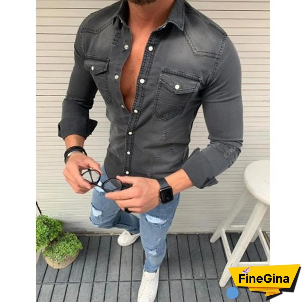 Casual Long Sleeve Lapel Jeans Tops