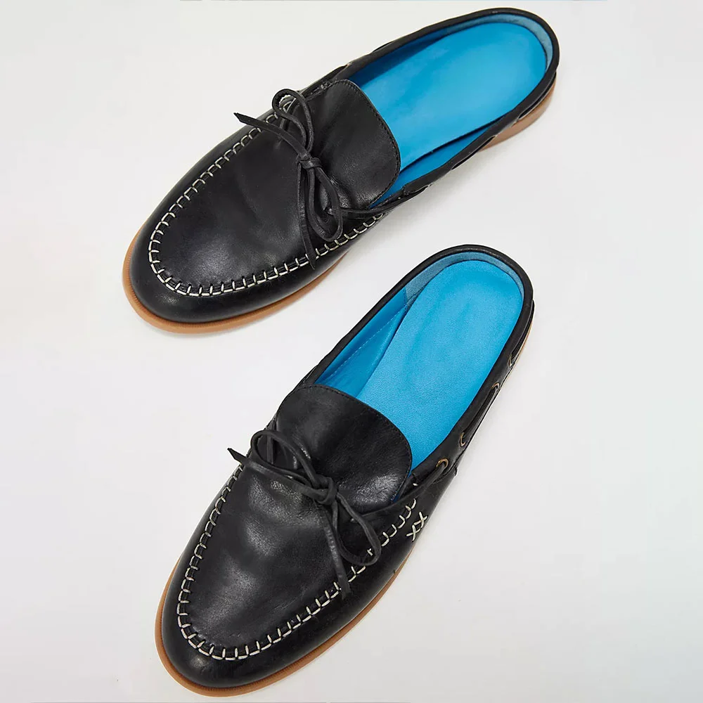 Black Round Toe Stitching Detail Flat Bow Loafer Mules for Women
