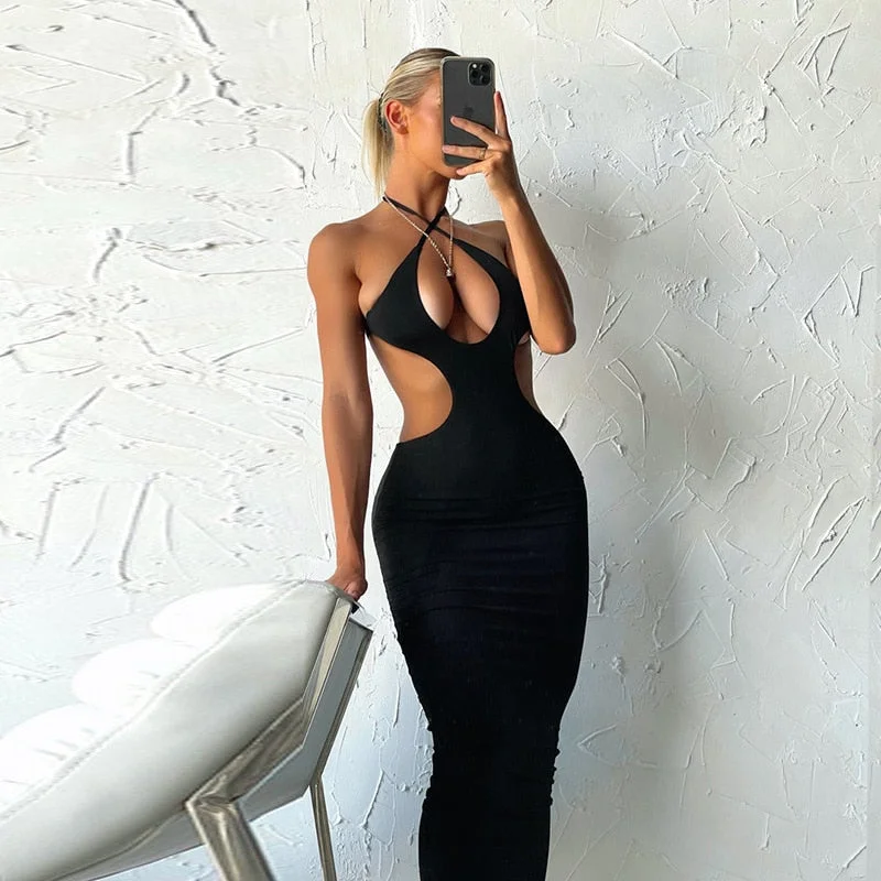 FSDA 2022 Black Backless Halter Neck Midi Dress Bodycon Sexy Sleeveless Club Y2K Summer Hollow Out Women Dresses Beach Party