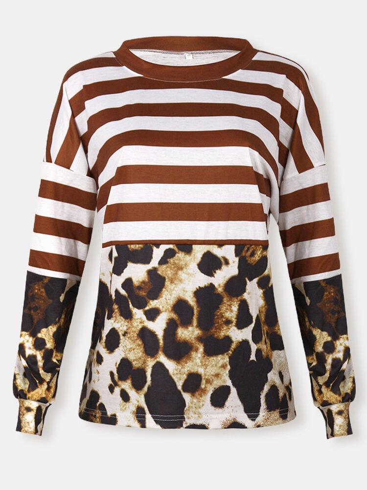 Leopard Stripe Print O neck Long Sleeve Casual T Shirt For Women P1832898