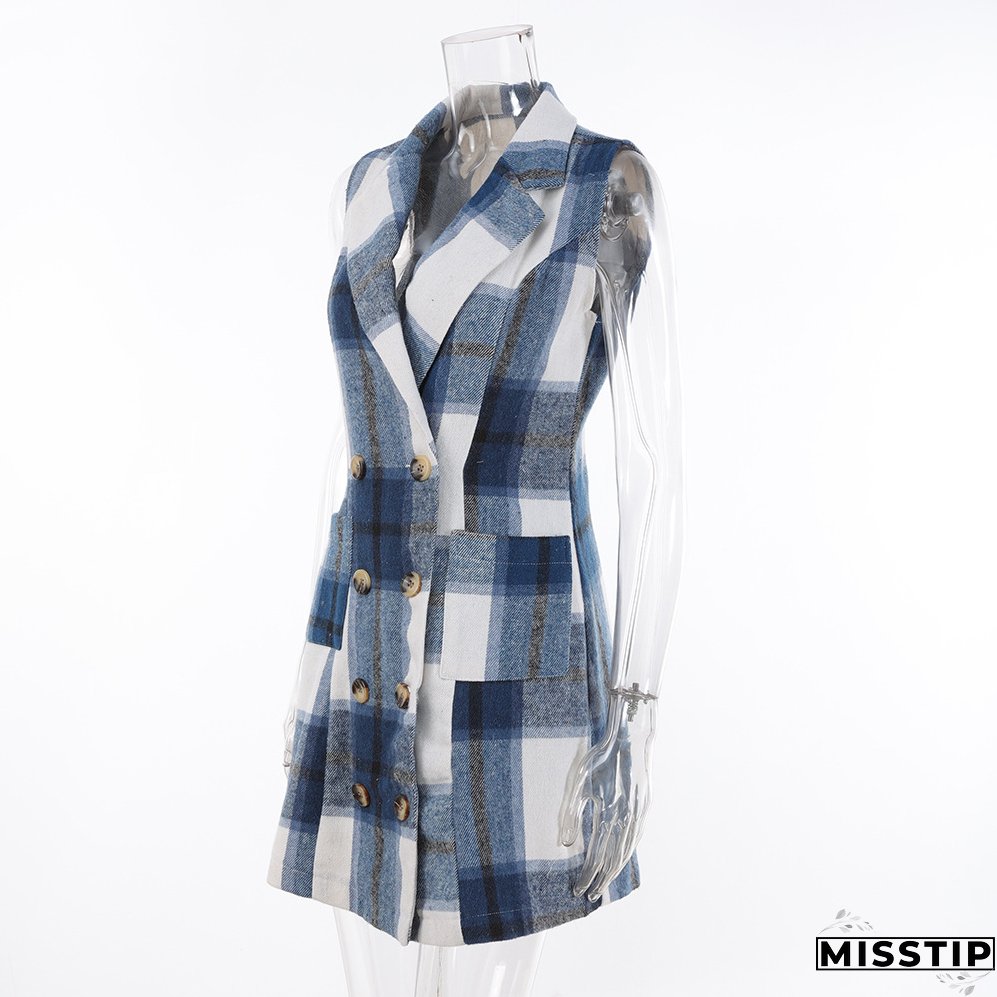 Women's Fashion Plaid Long Vest Turndown Collar Sleeveless Blazer
