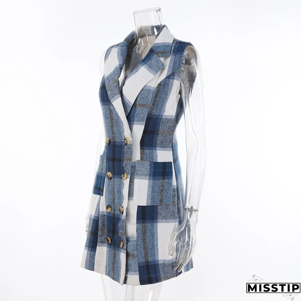 Women's Fashion Plaid Long Vest Turndown Collar Sleeveless Blazer