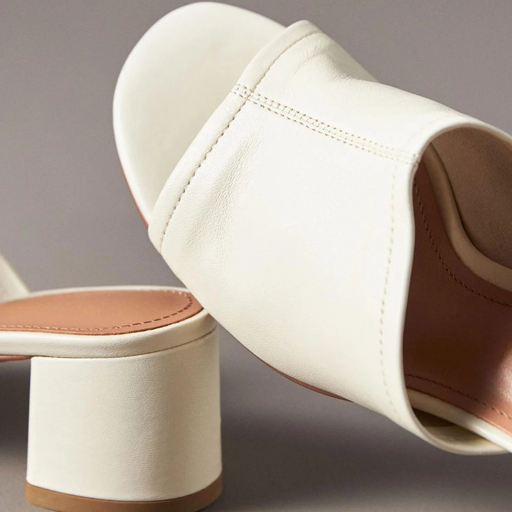 Simple Ivory Vegan Leather Open-Toe Chunky Heel Slide Sandals
