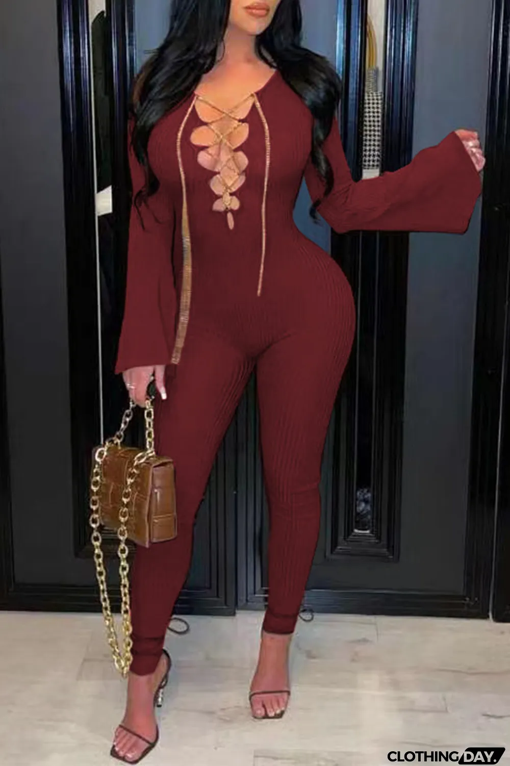 Burgundy Sexy Solid Hollowed Out V Neck Boot Cut Jumpsuits