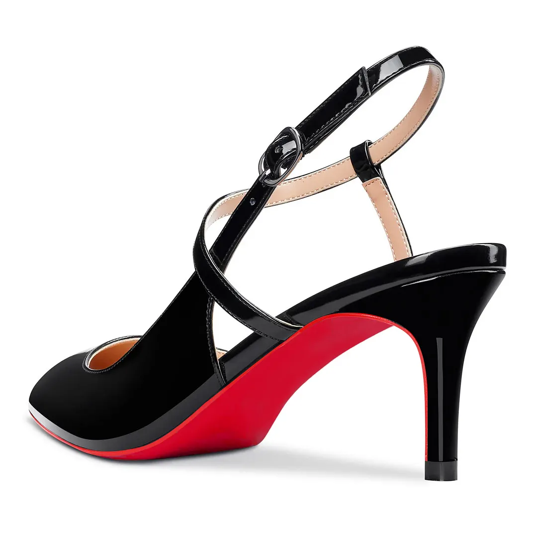 65mm Women Slingback Pumps Ankle Strap Jenlove Stiletto Mid Heel Close Pointed Toe Dress Red Bottoms Shoes-vocosishoes