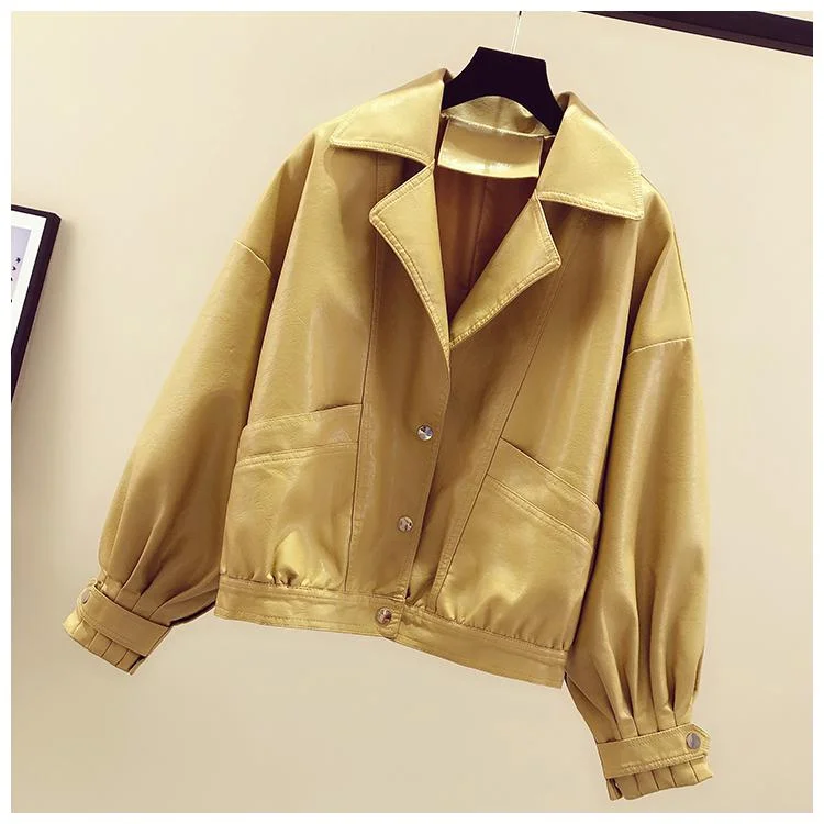 FTLZZ Spring Women White Black Yellow Turndown Collar Single Breasted Biker Jacket Faux Leather Vintage Short Motor Jackets