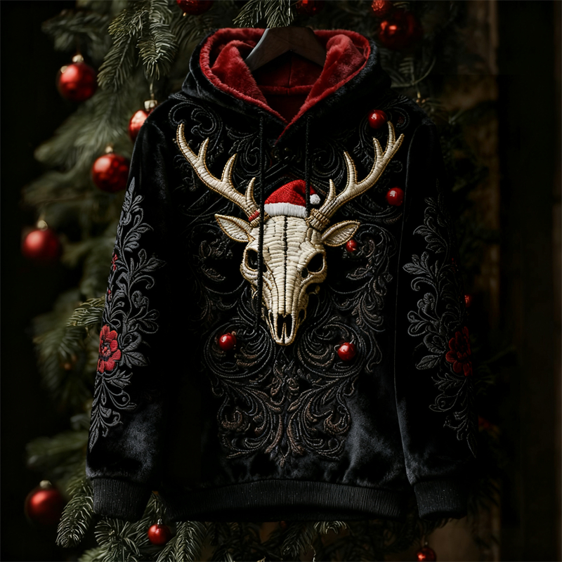 Gothic Dark Christmas Reindeer Skull Floral Cozy Plush Hoodie elevenforest
