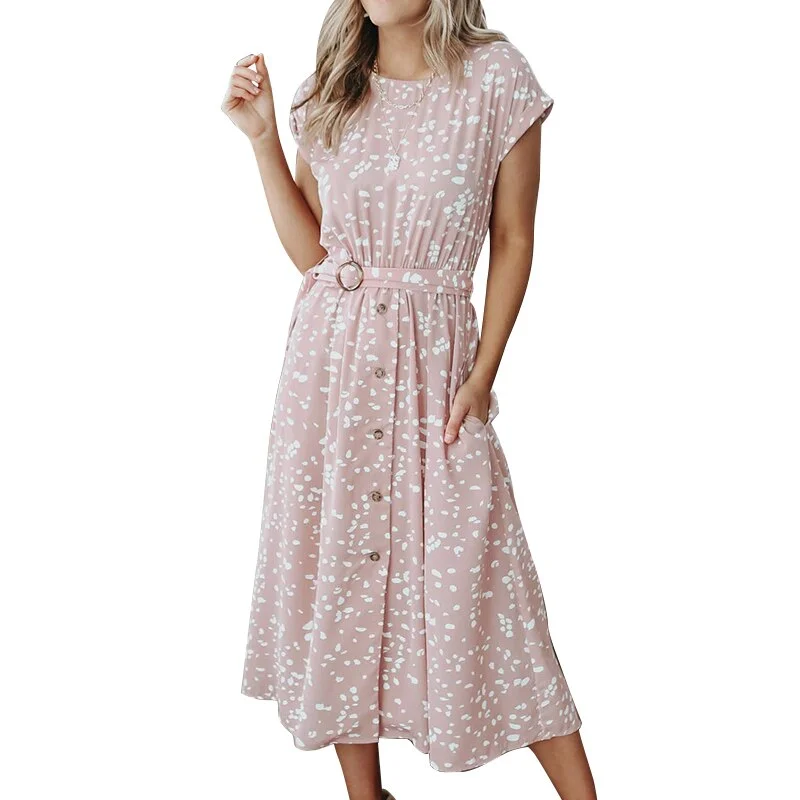 Jangj S.FLAVOR Bohemian Print Mid Dress 2022 Elegant O Neck Short SLeeve Sundress With Button Female A Line Party Vestidos