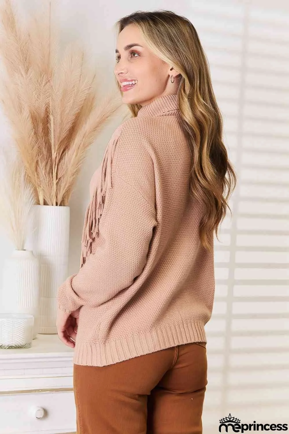 Woven Right Turtleneck Fringe Front Long Sleeve Sweater