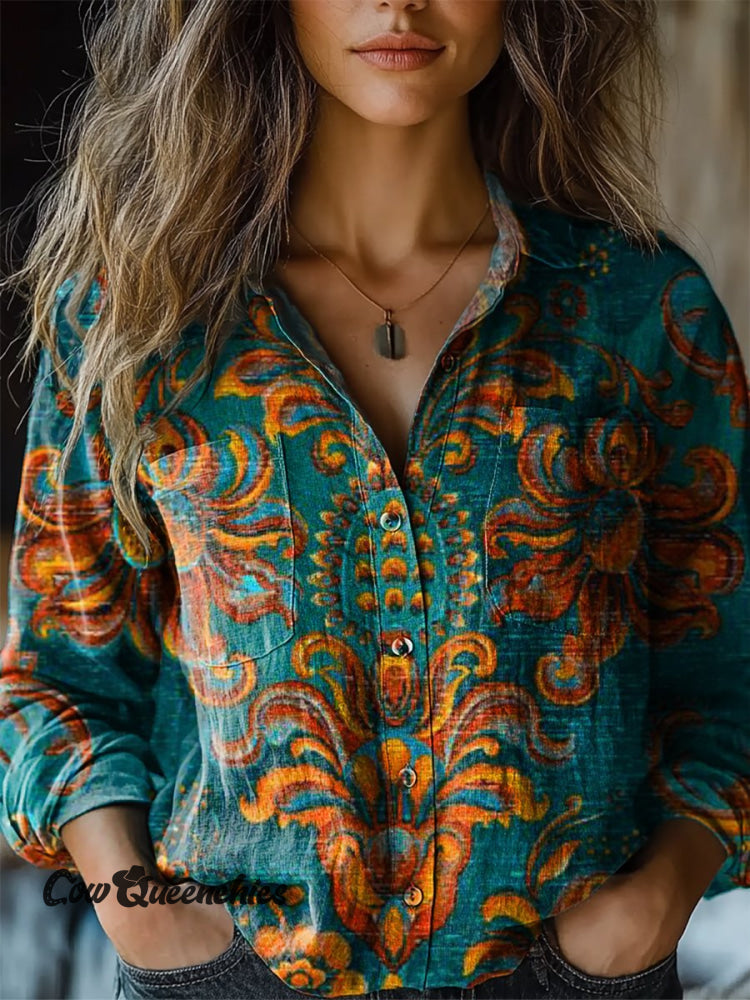 Women’s Retro Ethnic Pattern Print Casual Long Sleeve Comfortable Cotton Shirt Multicolor / S