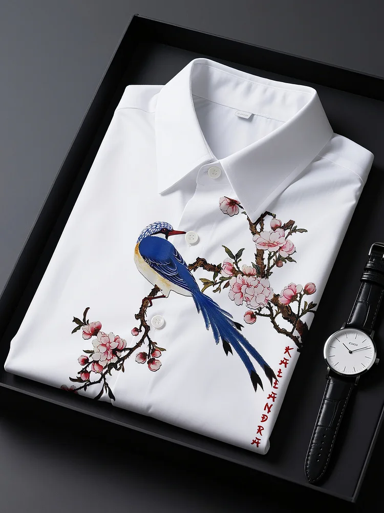 Men's A Bird On A Flower Branch Art Print Casual Shirt