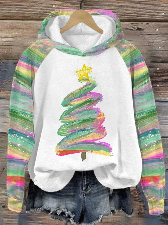 Women's Oil Painting Christmas Tree Print Hoodie