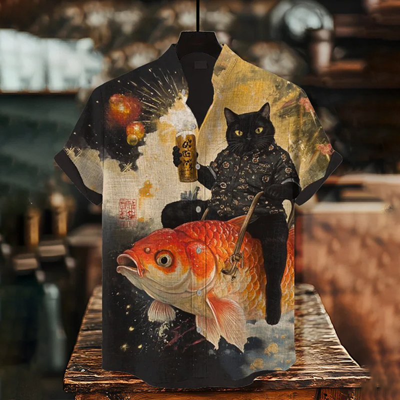 Men's Black Cat Holding Beer And Riding Goldfish Art Print Casual Shirt  artssus