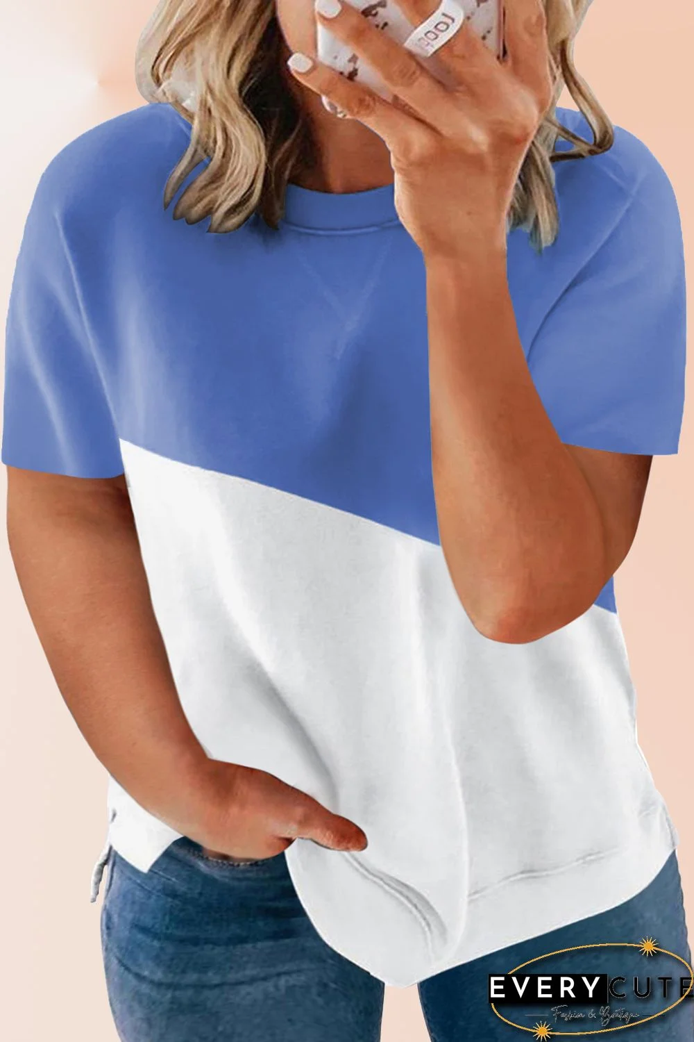 Sky Blue Crew Neck Colorblock Plus Size Tee