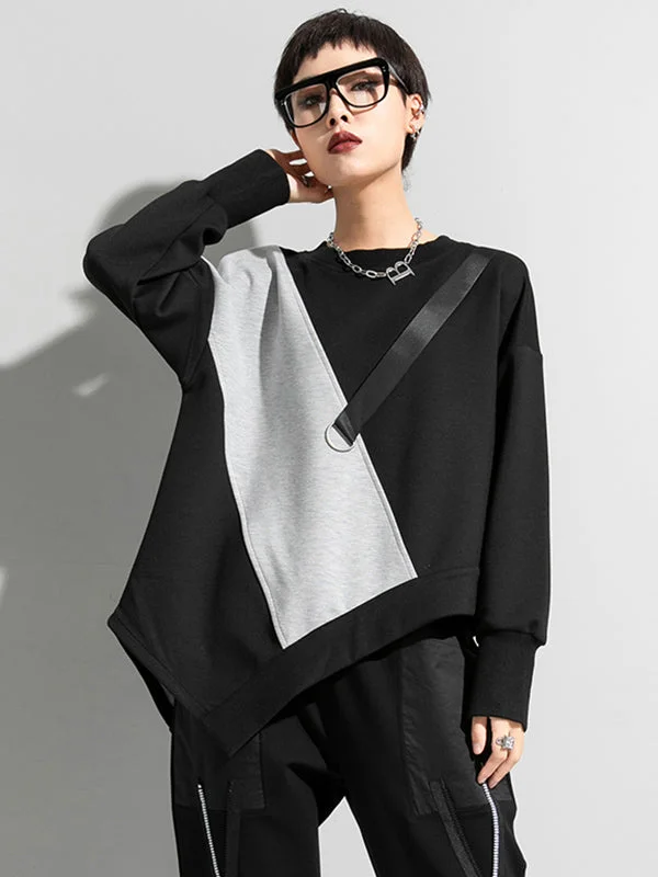 Stylish Black&Gray Asymmetric Contrast Color Long Sleeves Round-Neck T ...