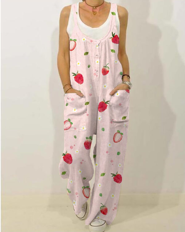 Cute Strawberry Floral Pocket Casual Comfort Jumpsuit