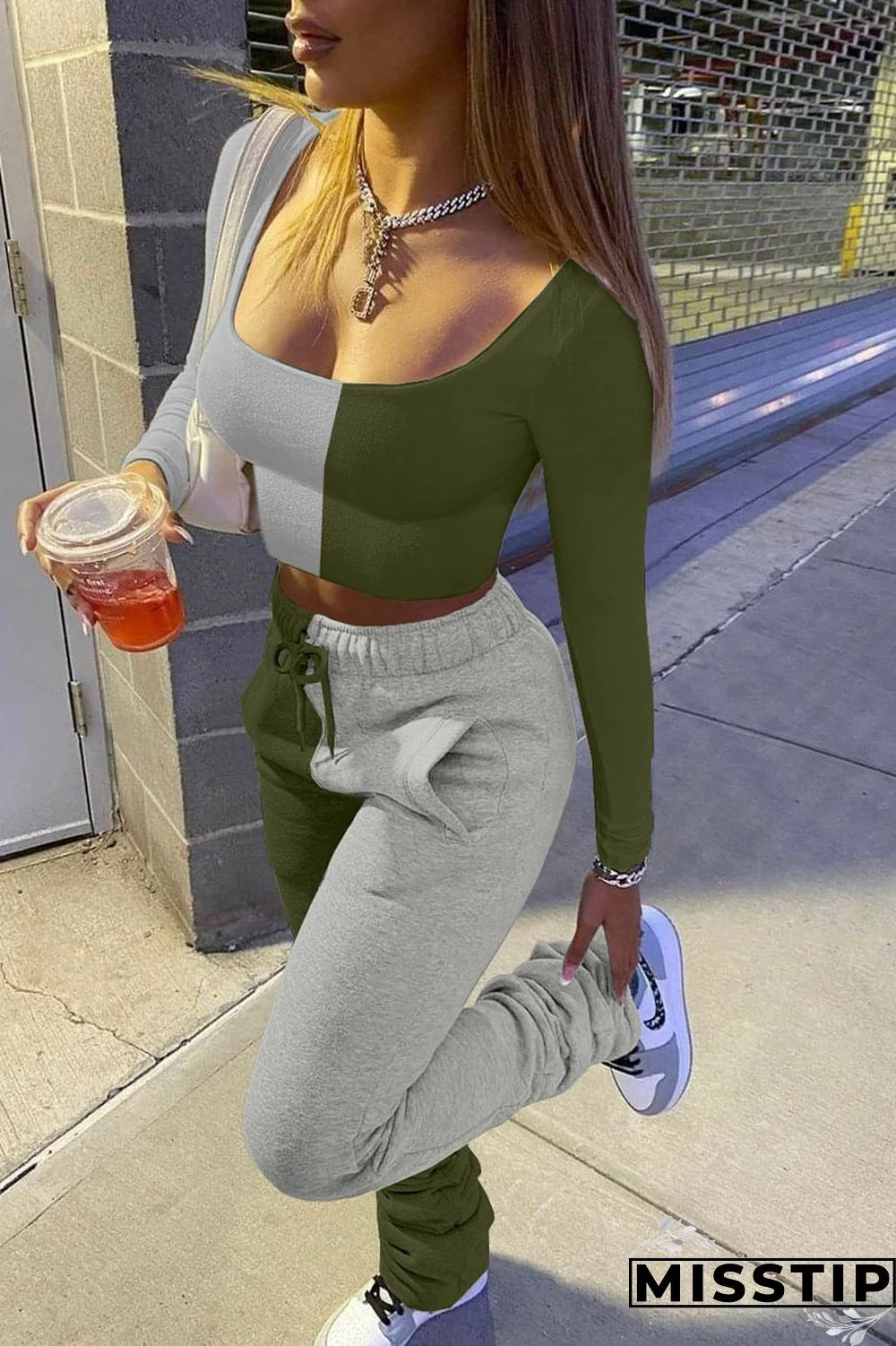 Army Green Sexy Solid Patchwork Fold U Neck Long Sleeve Two Pieces