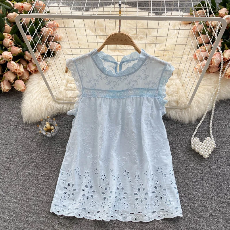 Croysier Womens Tops And Blouses 2021 Fashion Ruffle Edge Stand Collar Sleeveless Embroidery Lace Blouse Women Boho Summer Top