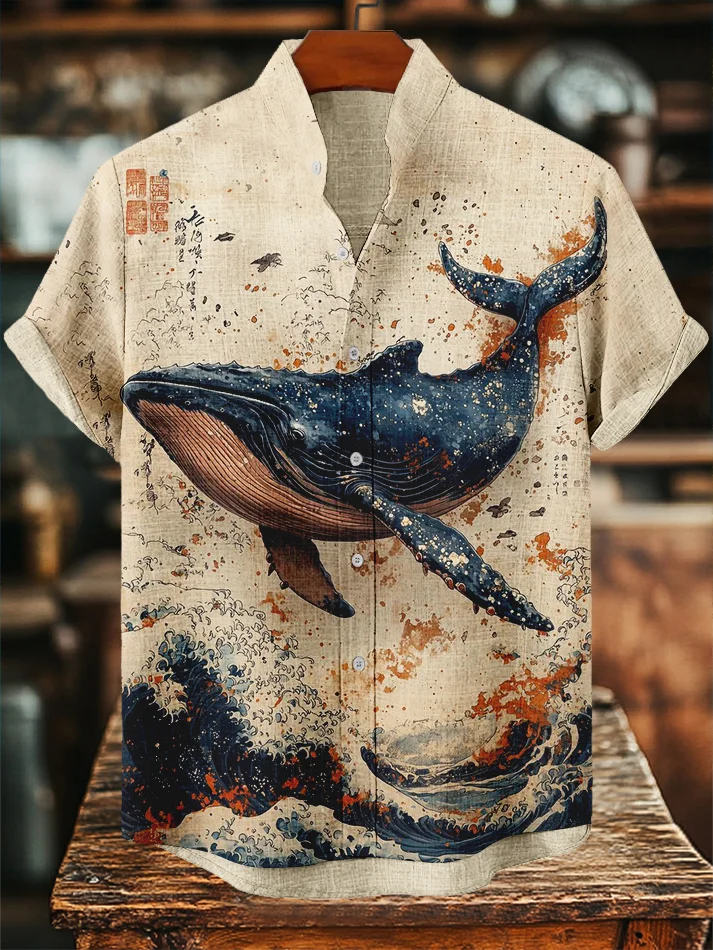 Men's Great Wave Whale Art Print Vacation Shirt