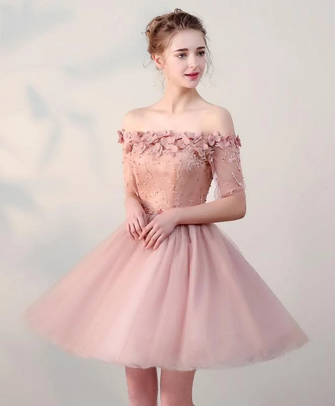 Pink Lace Off Shoulder Short Prom Dress, Pink Homecoming Dress