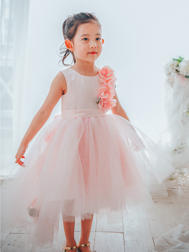 Oknass Ball Gown Sleeveless Jewel Neck  Flower Girl Dresses  Satin Tulle With Petal