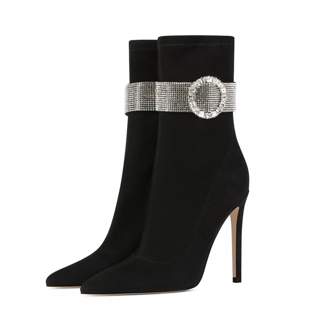 Rhinestone Suede Short Boots Pointy Toe Stiletto Heel Ankle Boots Nicepairs