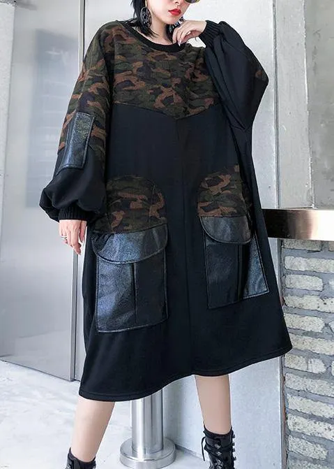 DIY patchwork Cotton big pockets tunics for women Fabrics black o neck Dress