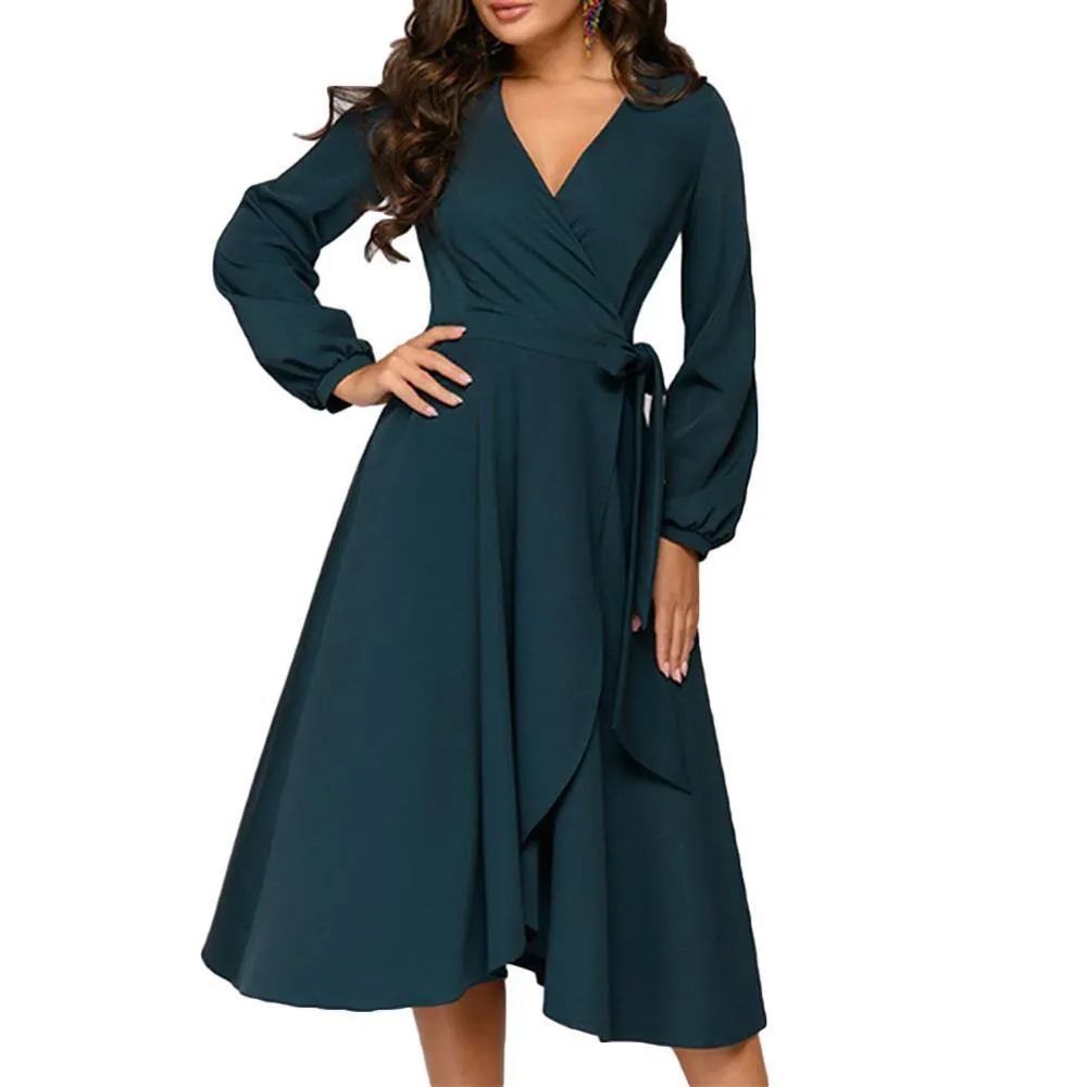 Chic Women Solid Color V Neck Long Sleeve Waist Tight Large Swing Midi Dress Suitable for Party Dance Cocktail Banquet Xmas gift